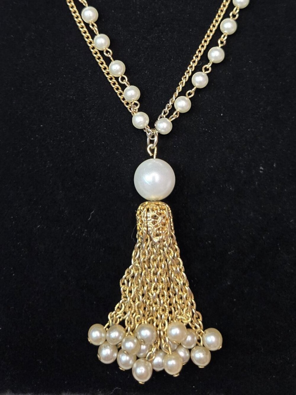 Gold Tone Faux Pearl Tassel Necklace Layered Statement Jewelry